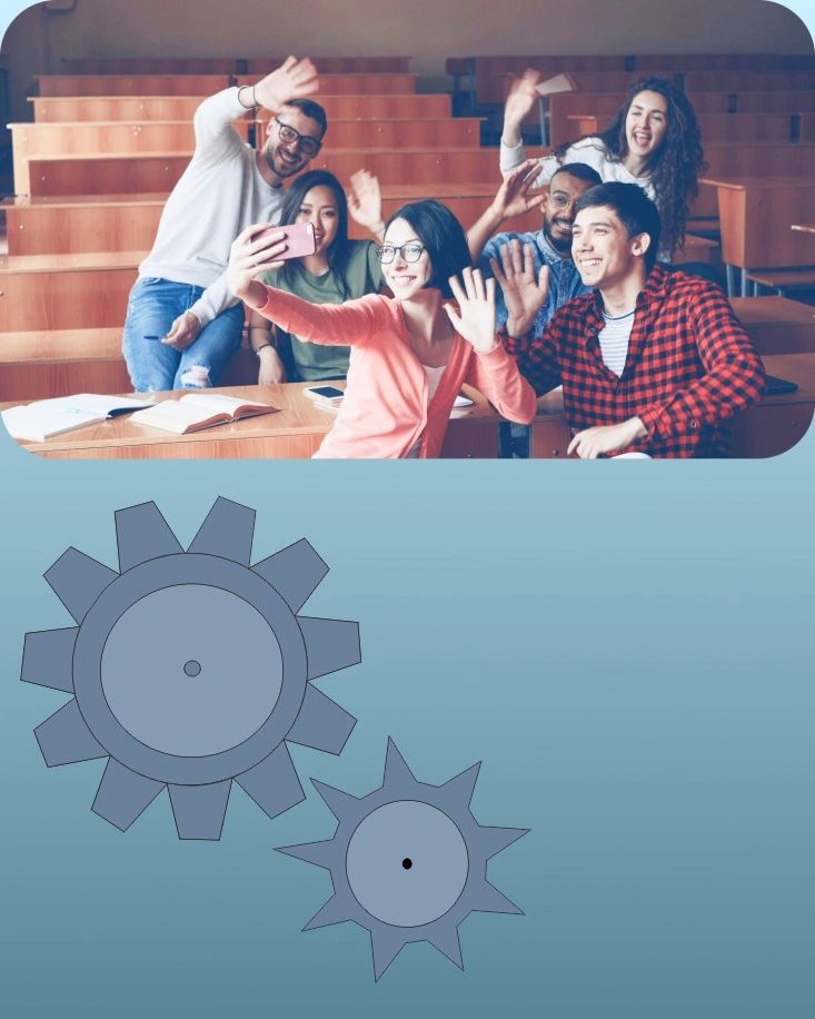 Students taking a joyful selfie in a classroom with gears illustration below.