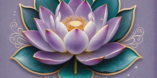 A detailed lotus flower illustration with purple petals and teal leaves on a lavender background.