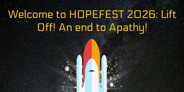 HOPEFEST 2026 welcomes with a rocket launch theme against a starry night.