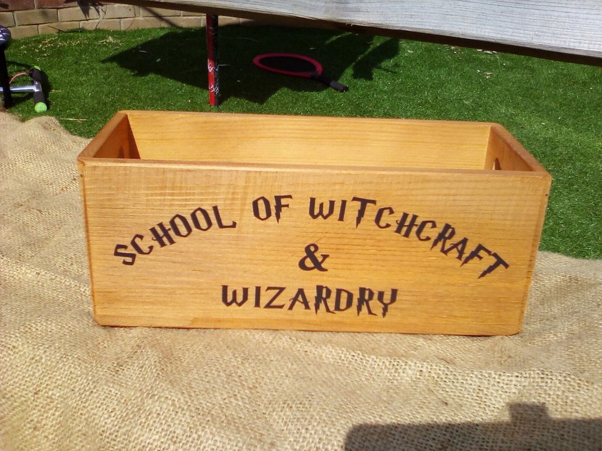 Harry Potter style rustic wooden storage box, School of Witchcraft and