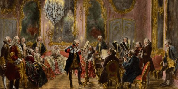 An 18th-century orchestra performs in a luxurious palace room.