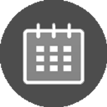 White calendar icon on a gray circular background.