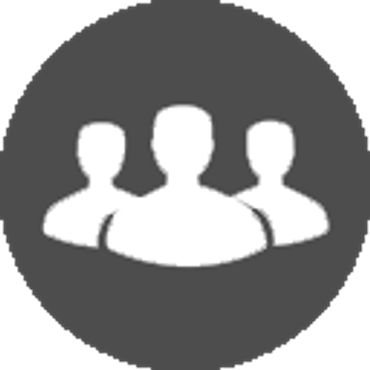 Three white silhouettes of people on a dark gray circular background.