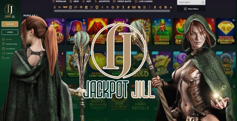 Jackpot Jill Casino website banner showcasing slot machine graphics and promotional text.