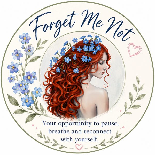 Illustration of a red-haired woman with blue forget-me-not flowers, symbolizing self-care.
