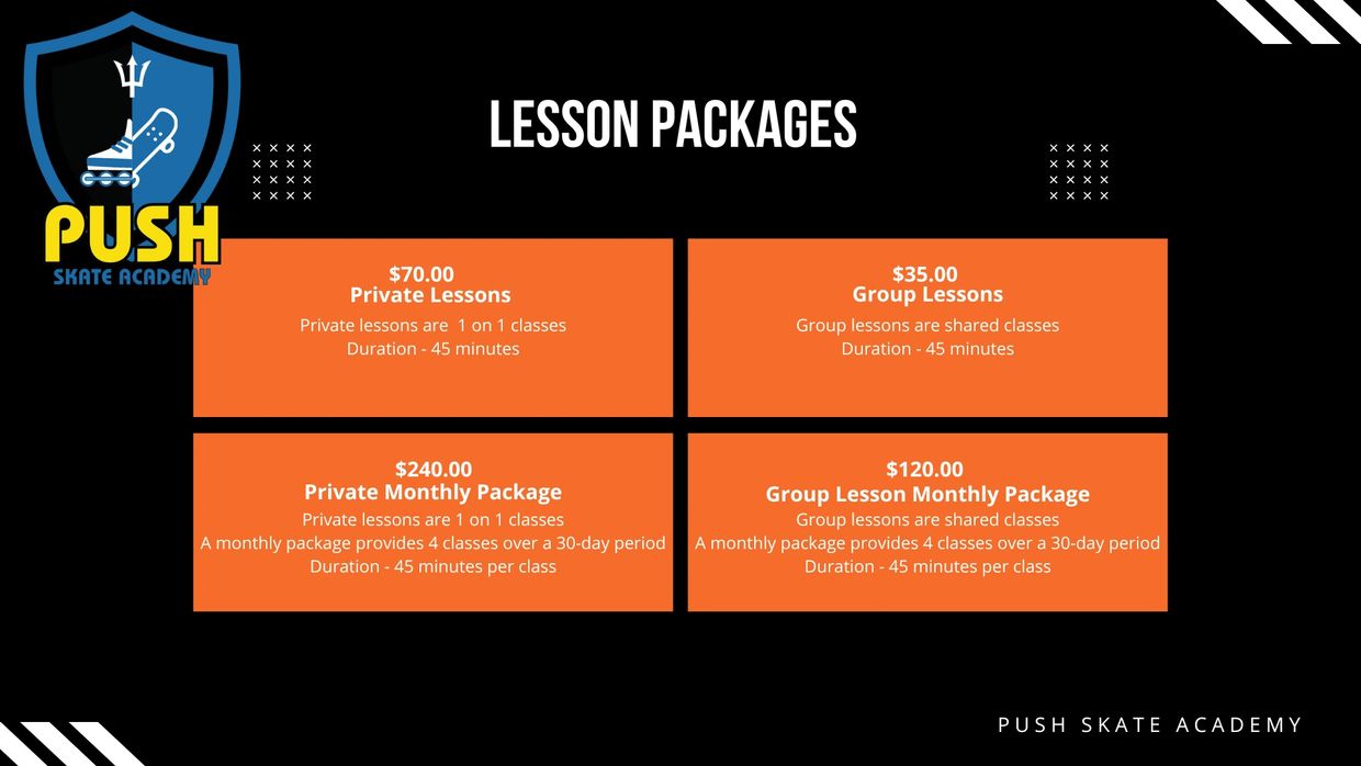 Lesson packages and prices at Push Skate Academy.