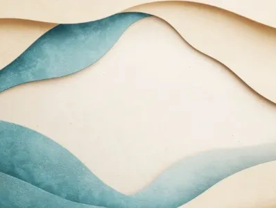 Abstract layered paper art in beige and blue tones with curved shapes.