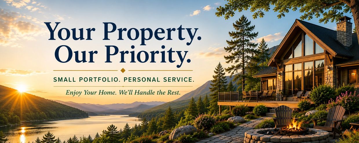 Scenic lakeside home with sunset and fire pit, emphasizing personalized property care.