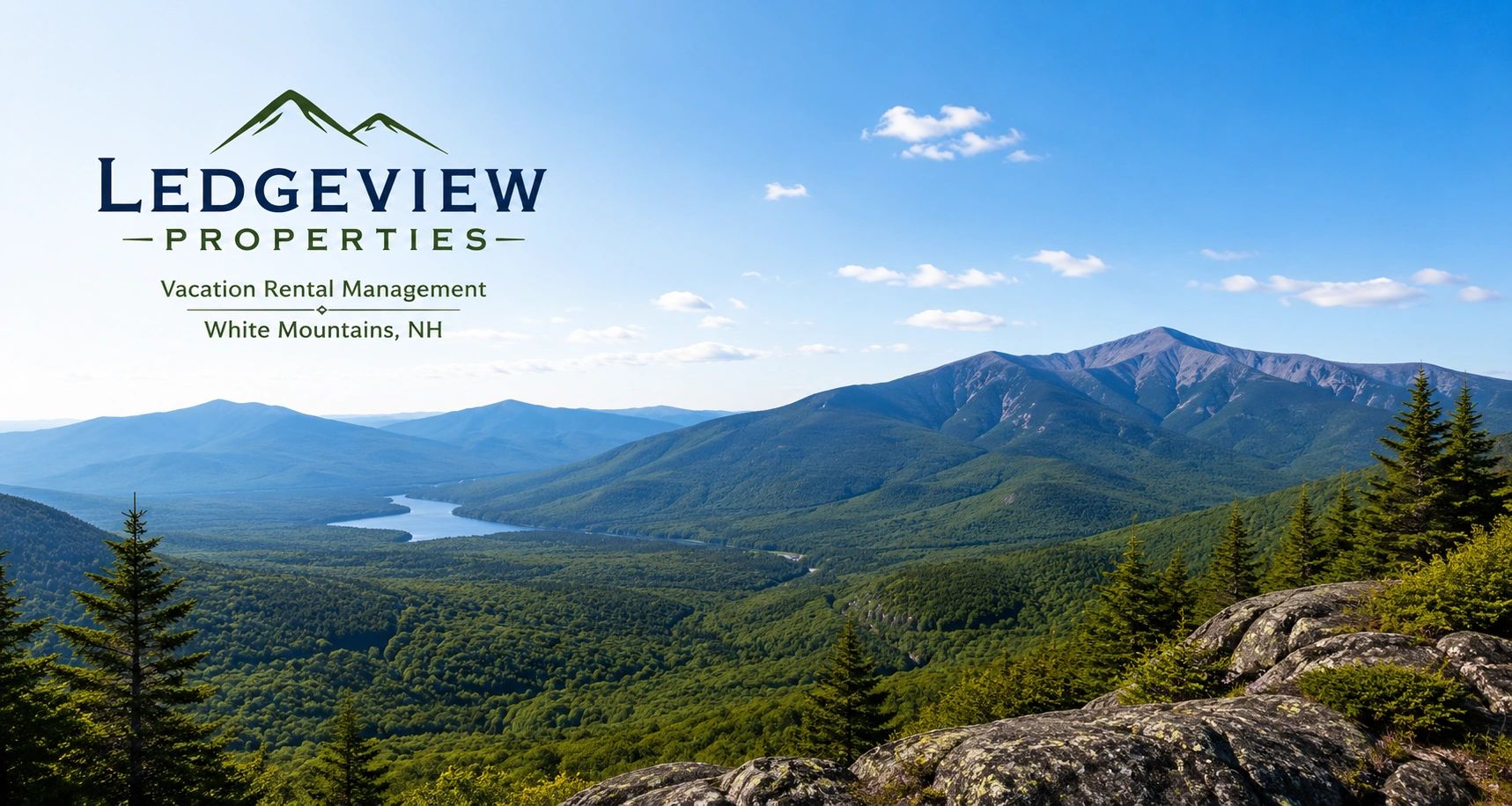 Scenic White Mountains view promoting Ledgeview Properties vacation rentals.