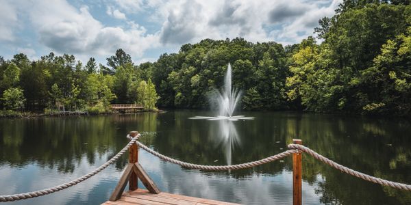 Wooden dock overlooking a serene lake with a fountain and forest.
