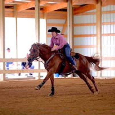 Rider in a pink shirt galloping a horse indoors with intense focus.