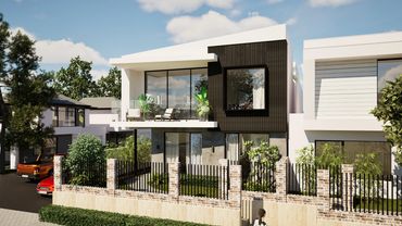 Modern two-story house with black and white exterior.