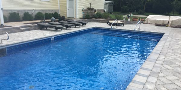 Vinyl Liner InGround Pool Steps Handrails Hardscape Pavers Lighting Backyard Oasis Family Fun 