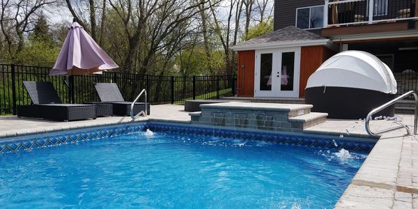 Pavers Hardscape Waterfall Patio Vinyl Liner InGround Pool Bubblers Lighting Backyard Oasis 