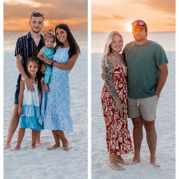 Two family portraits on a beach at sunset.