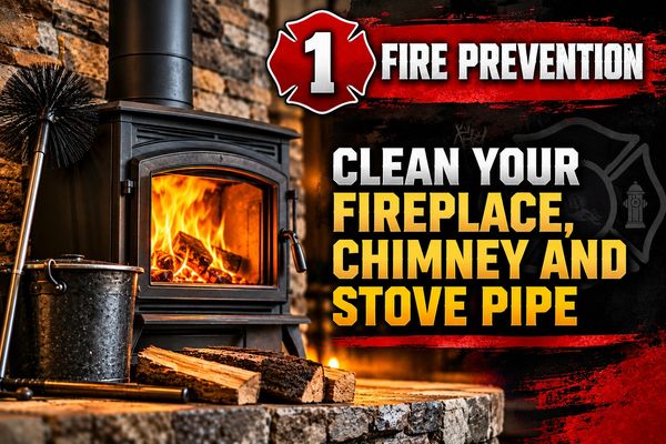 Fireplace with text on fire prevention tips.
