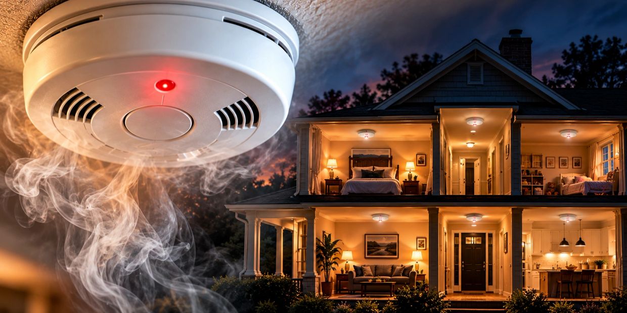 Smoke alarm detecting smoke in a house at night.