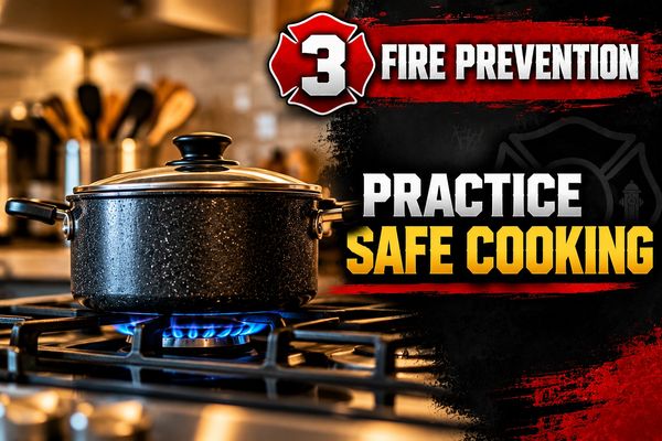 Pot on stove with fire prevention message.