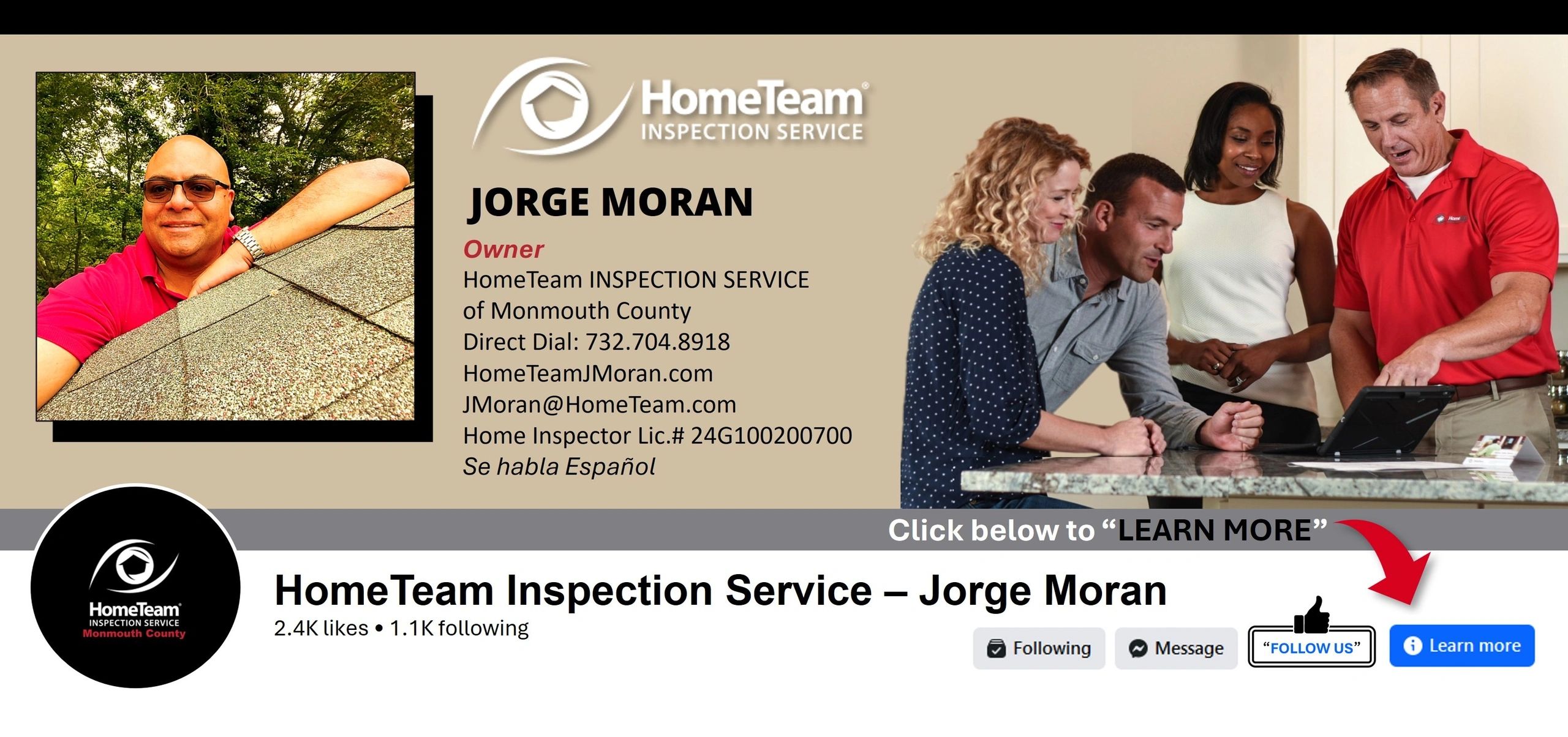 Business card for Jorge Moran, HomeTeam Inspection Service owner in Monmouth County.