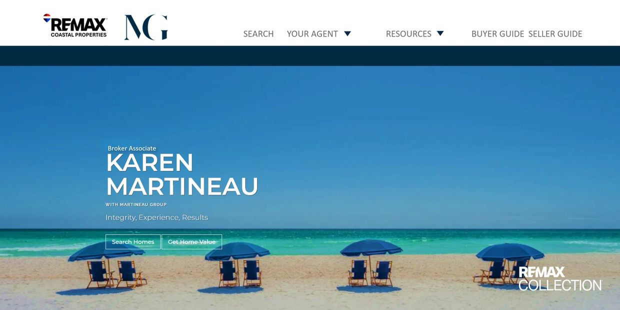 Beach scene with umbrellas and chairs promoting Karen Martineau's real estate services.
