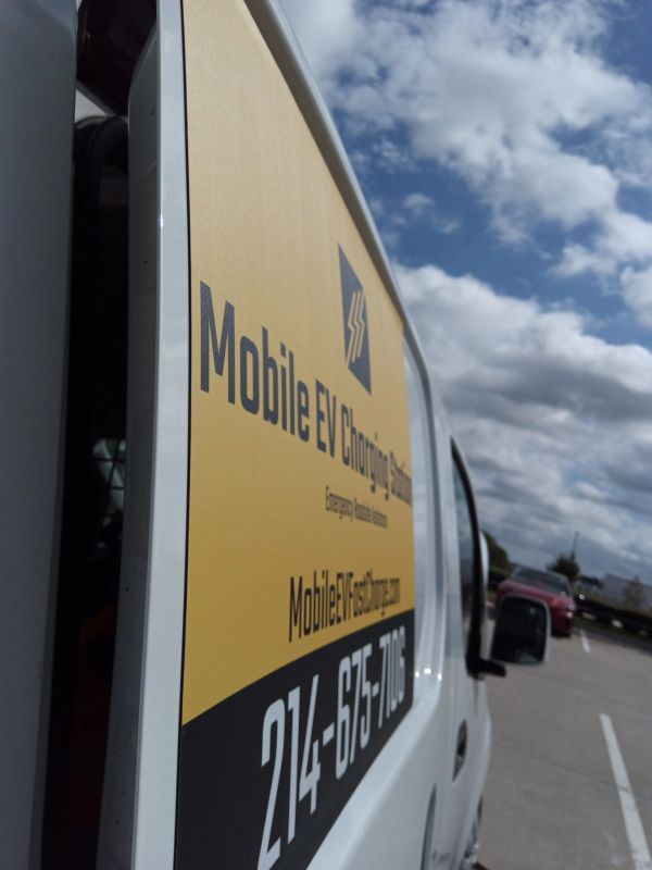 Mobile EV Fast charge sign on mobile EV charger truck.
