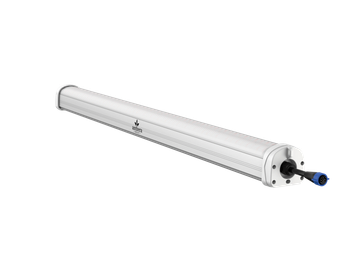 A sleek white tubular motor with a blue pull ring on one end.
