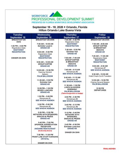 Schedule for Workforce Professional Development Summit, Sept 16-18, 2026 in Orlando, Florida.