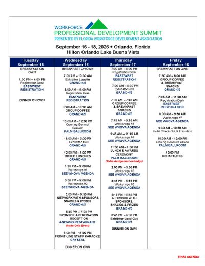 Schedule for Workforce Professional Development Summit, Sept 16-18, 2026 in Orlando, Florida.