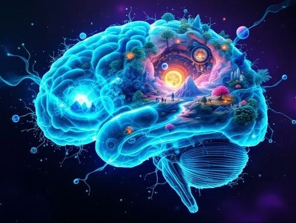 A glowing brain with a surreal landscape inside, blending nature and cosmic elements.