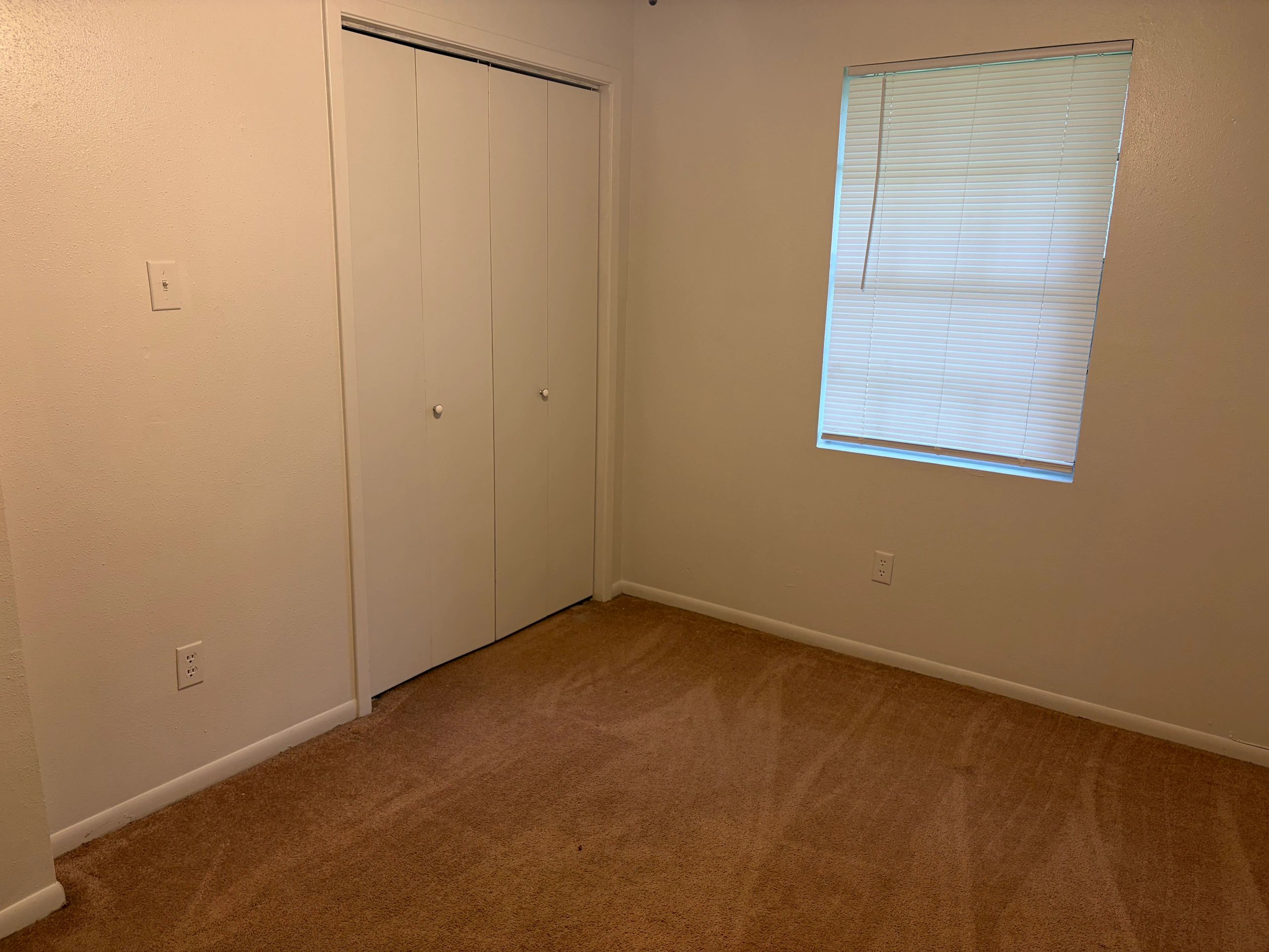 Empty room with beige carpet, white closet doors, and window blinds.