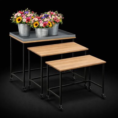 3-Piece Nesting Table Set On Casters with Optional Trays for floral, bakery, retail merchandising. 