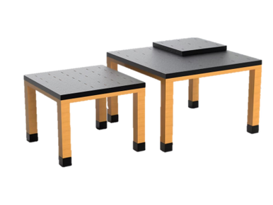 Wood Nesting table display set with protective top for bakery, floral merchandising fixtures.