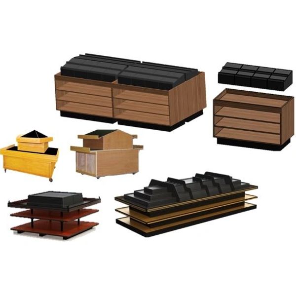 Various wooden and black display shelves or racks with multiple tiers.