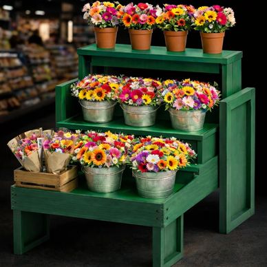 3 Step floral display cart for fresh cut flowers, potted plant merchandising. Grocery store fixtures
