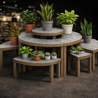 Nesting Table for Grocery Bakery Floral Display merchandising.  Wood frame ABS marble look top.
