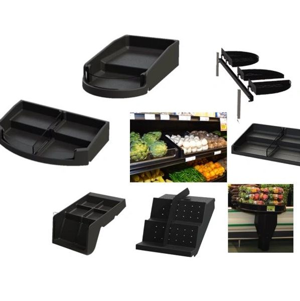 Various black plastic produce display trays and racks for grocery stores.