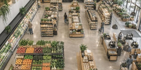 Spacious modern grocery store with fresh produce and shoppers.