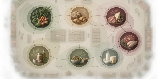 Diagram showing merchandising flow and department relationships among produce, bakery, deli, meat, g