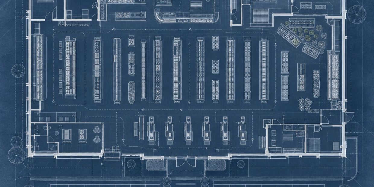 Blueprint of a supermarket floor plan with aisles and checkout counters.