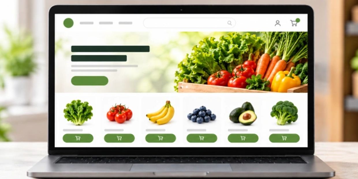 Laptop displaying a custom grocery store website with fresh produce and online ordering, by Grocery 