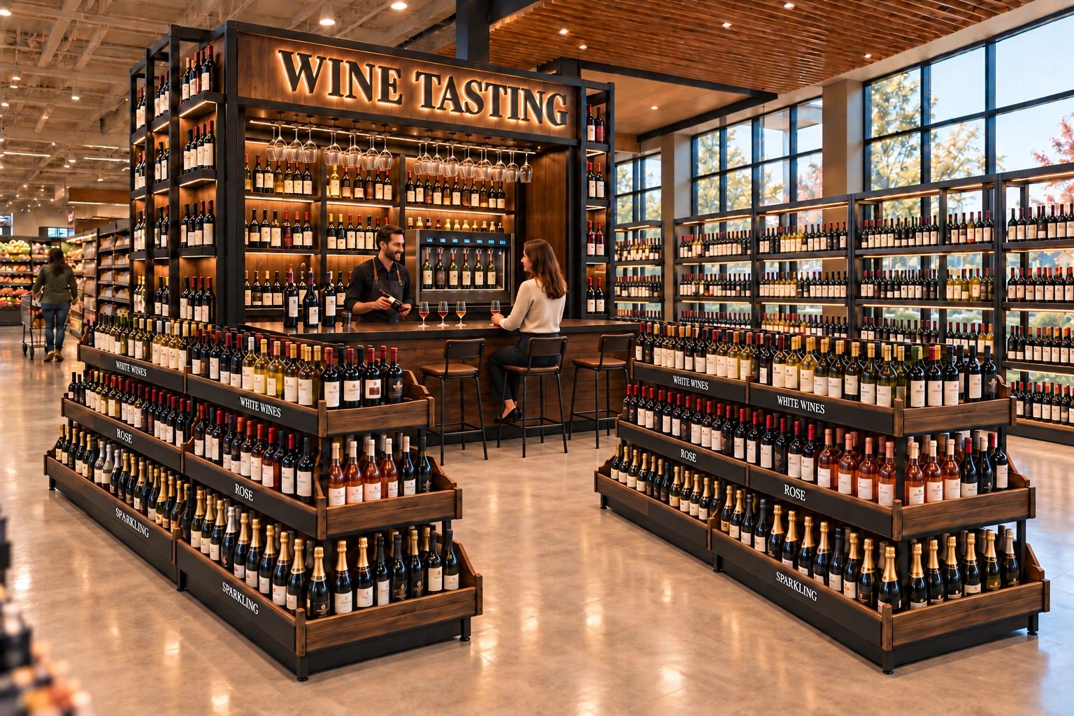 Design concept: a custom grocery wine tasting department with dark rustic displays, shallow tray isl
