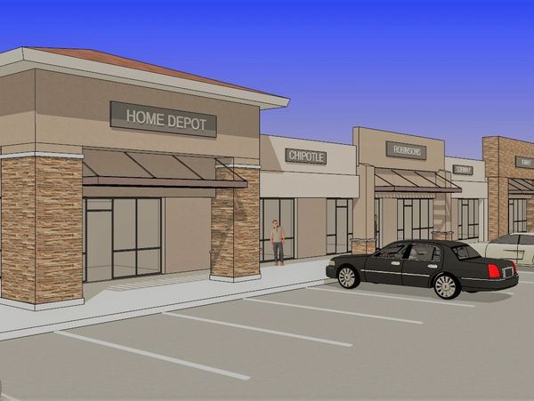 Shopping plaza with Home Depot, Chipotle, and Robinsons stores.