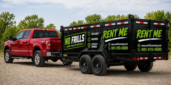 Red truck towing a black dump trailer with rental advertisement.