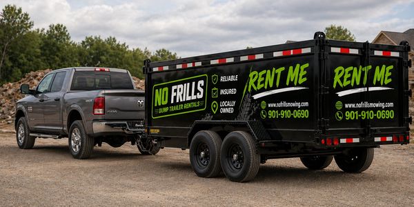 Pickup truck towing a black rental trailer with bright green advertisement.