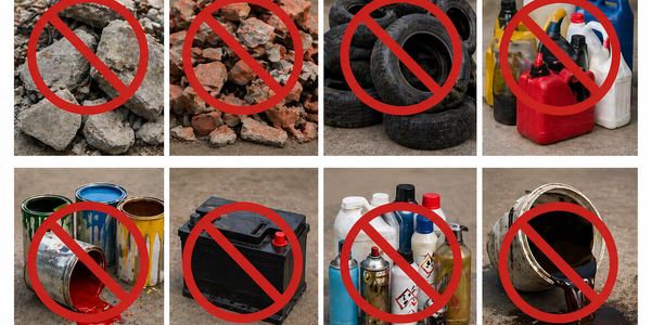 Images showing various waste types with red prohibition symbols indicating no disposal allowed.