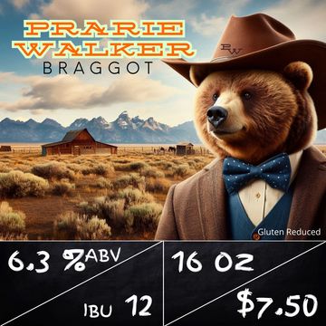 Prairie Walker Braggot. A bear wearing a cowboy hat & suit with a desert prairie in the background.