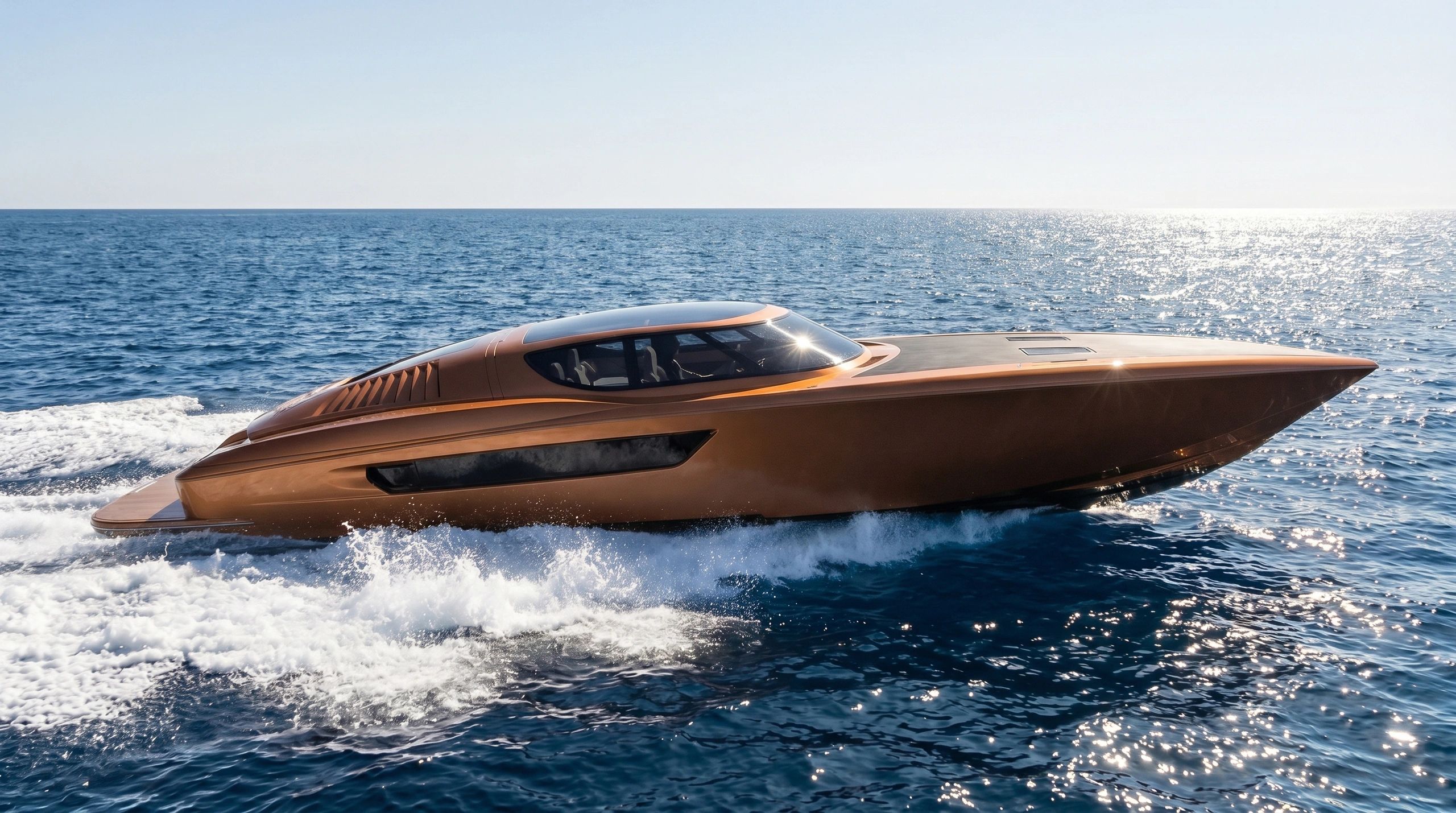 Sleek bronze luxury yacht cruising on the ocean.