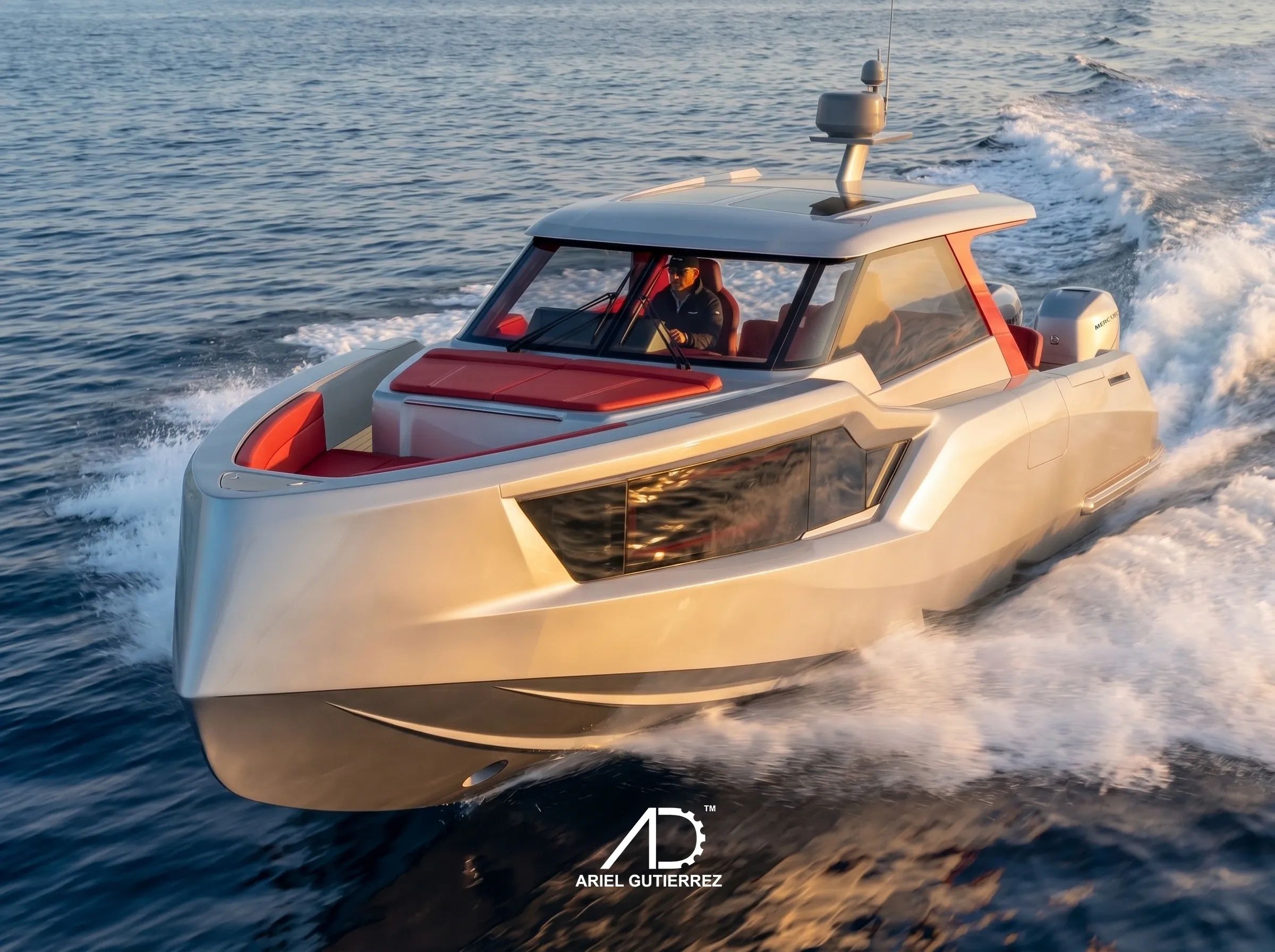 Modern luxury motorboat cruising on ocean waters at sunset.