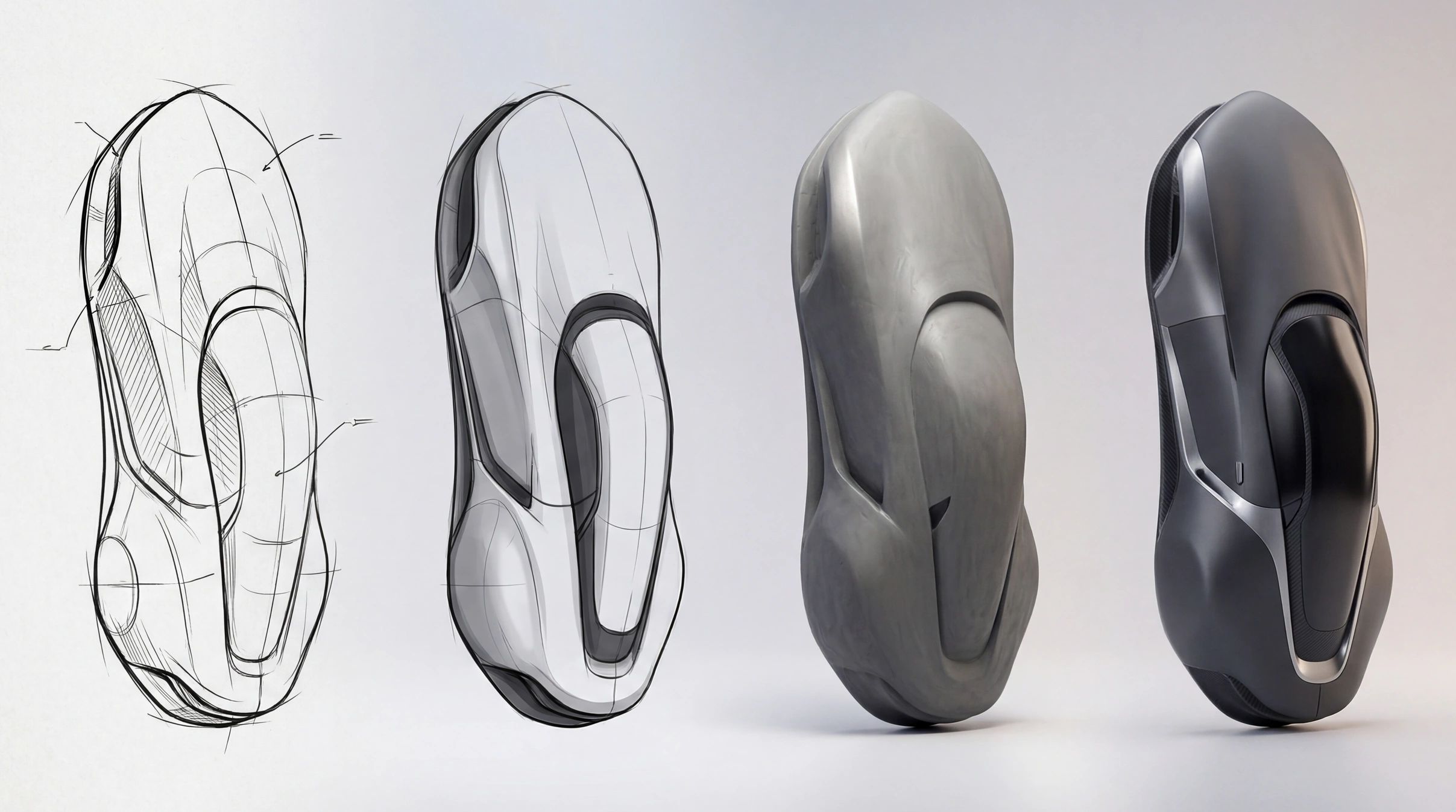 Four stages of futuristic product design from sketch to final render.
