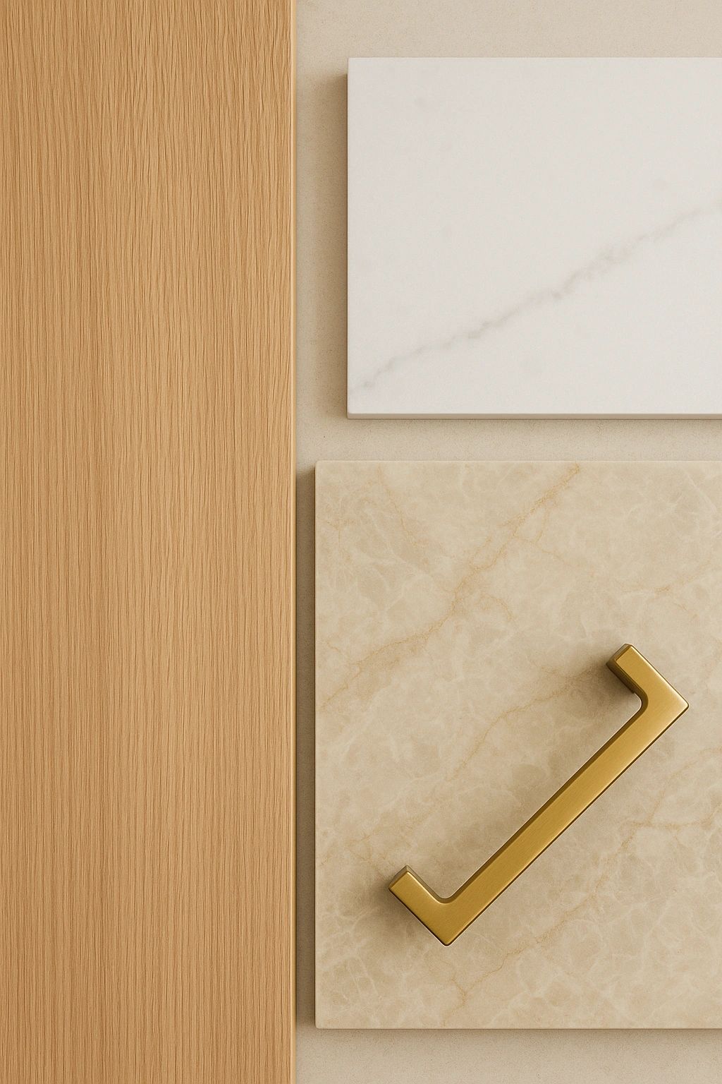 Flat Oak Panel Cabinets with Calacatta Quartz and Taj Mahal Flat Oak Panel Cabinets with Calacatta Quartz and Taj Mahal